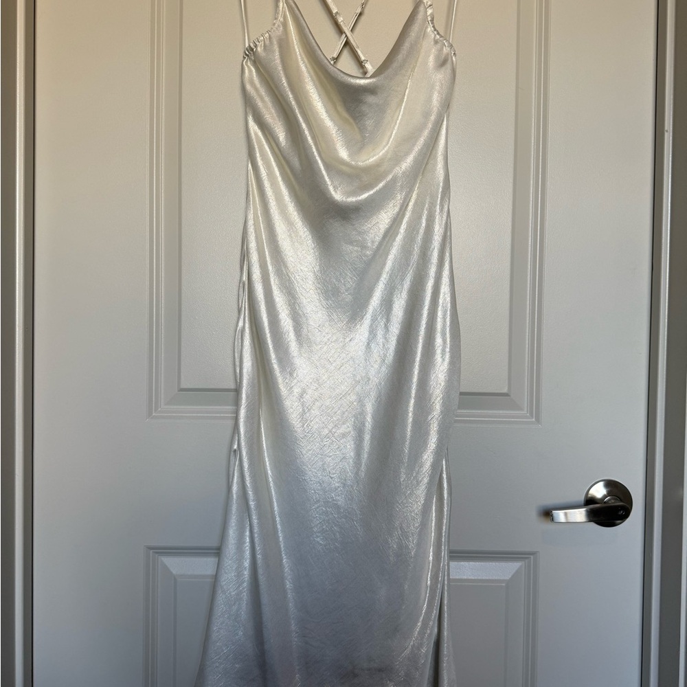 Express Shiny Silky Silver Backless Dress